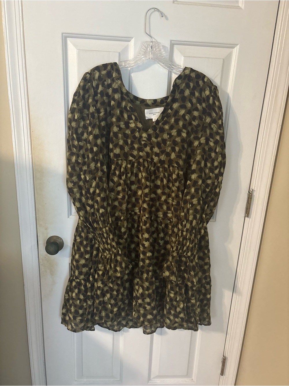 Pomander Place Olive Patterned Tiered Long Sleeve Dress